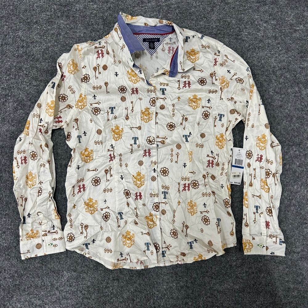 Tommy Hilfiger Button Down Womens Size XL White Crest Key Print Long Sleeve NEW